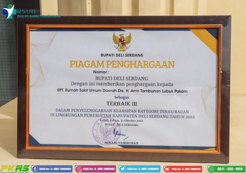 Penghargaan Terbaik III dalam Penyelenggaraan Kearsipan Kategori Dinas/Badan di Lingkungan Pemerintah Kabupaten Deli Serdang Tahun 2023