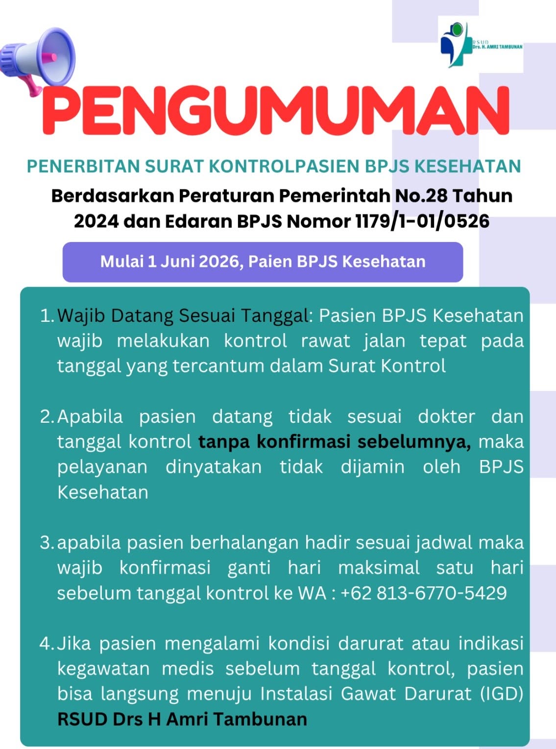 Pemberitahuan Perubahan Ketentuan Surat Kontrol Pasien BPJS Kesehatan di RSUD Drs. H. AMRI Tambunan
