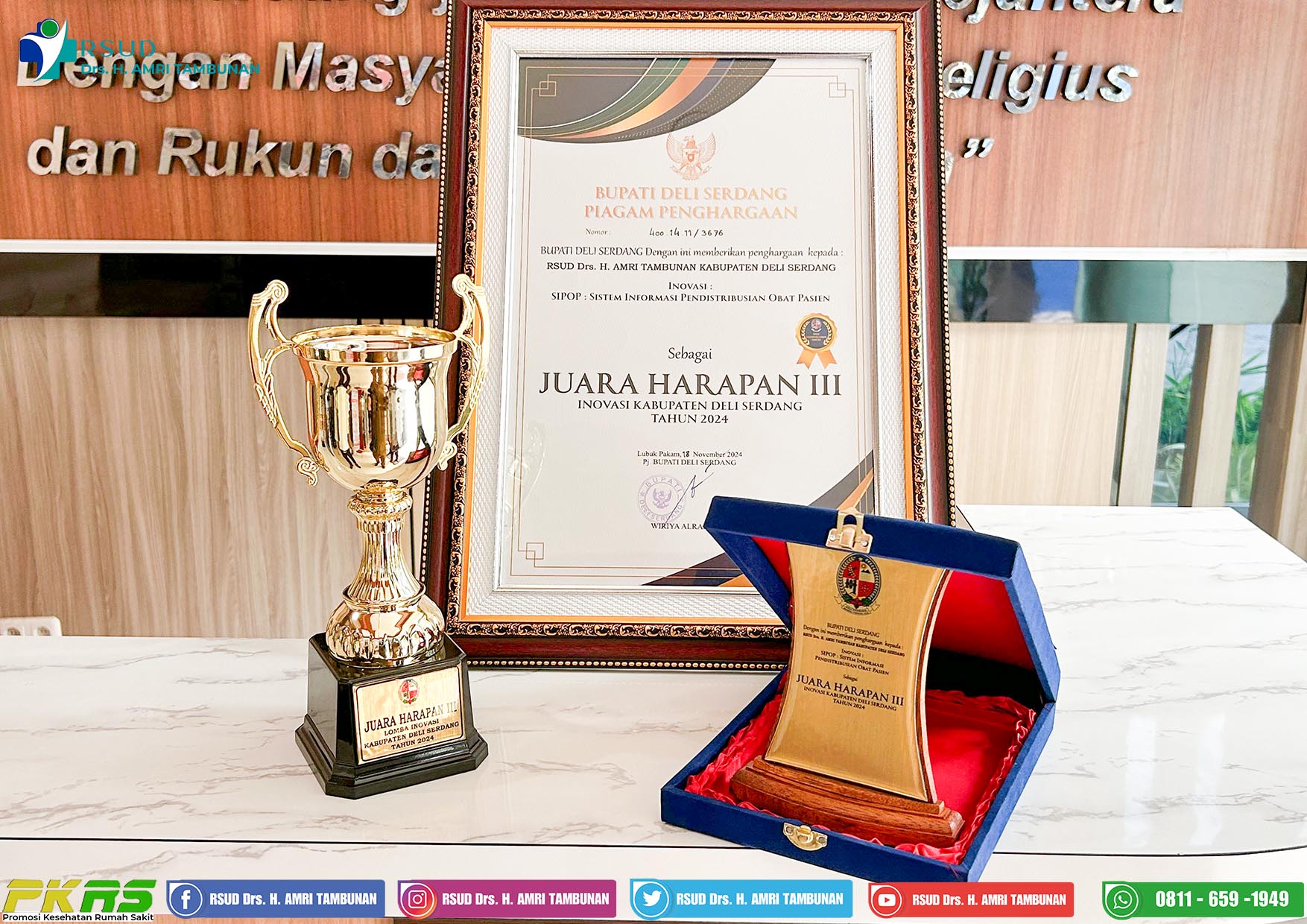 Juara Harapan III dalam Inovasi Kabupaten Deli Serdang Tahun 2024 – Sebuah pengakuan atas dedikasi kami dalam menciptakan solusi inovatif untuk pelayanan kesehatan yang lebih baik.