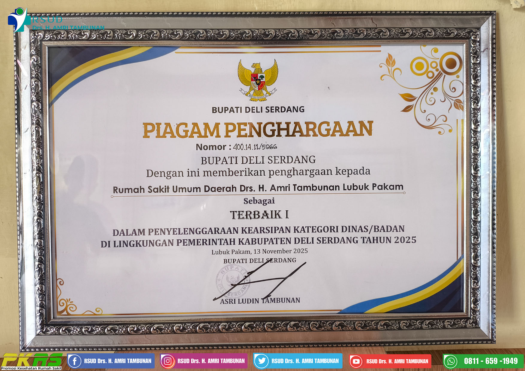 Penghargaan sebagai Terbaik I dalam penyelenggaraan kearsipan kategori Dinas/Badan di lingkungan pemerintah kabupaten Deli Serdang Tahun 2025